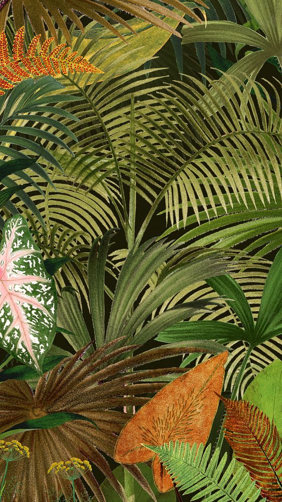 Tropical palm trees mobile wallpaper, leaf illustration