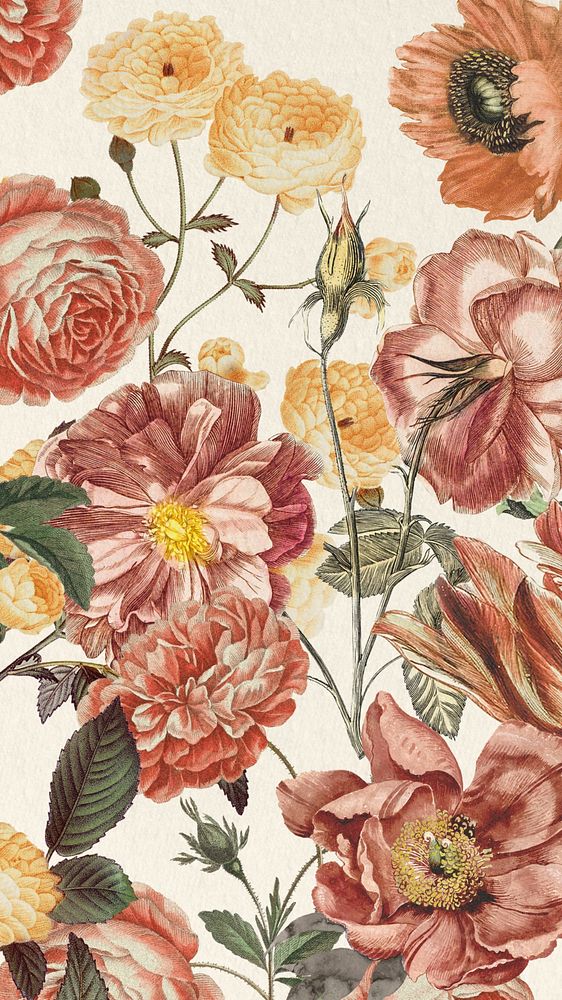 Feminine vintage floral iPhone wallpaper, pink flowers illustration