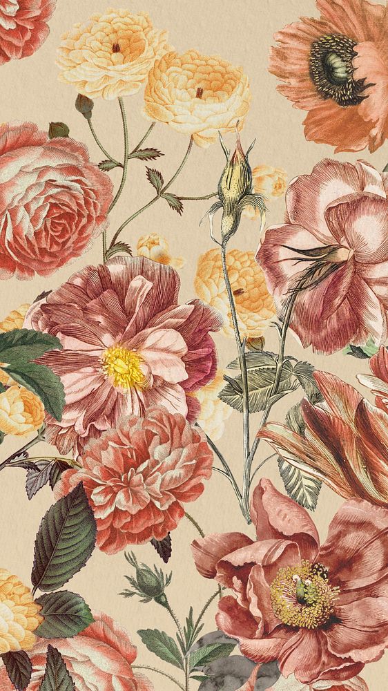 Feminine vintage floral iPhone wallpaper, pink flowers illustration