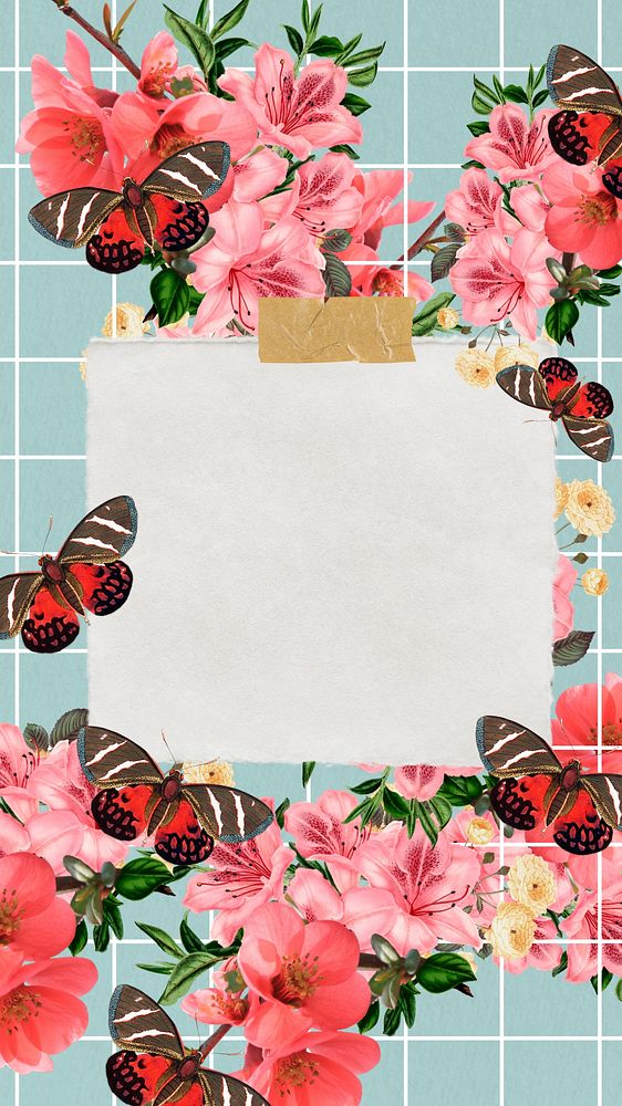 Azalea flower frame mobile wallpaper, Chinese quince & butterfly illustration
