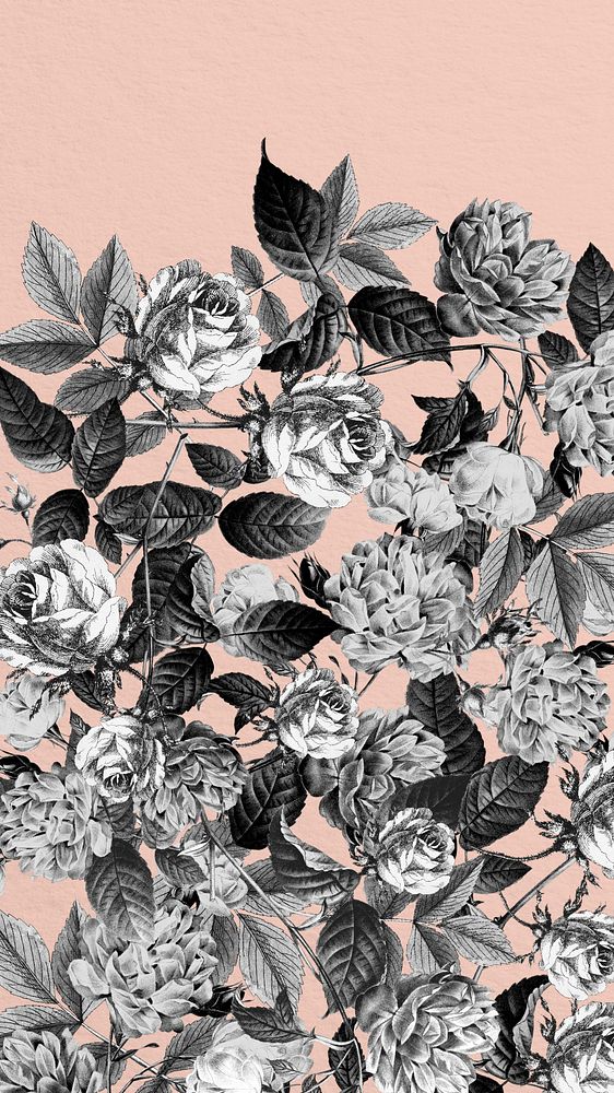 Wild roses iPhone wallpaper, black and white illustration