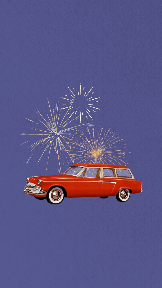 Classic car fireworks phone wallpaper collage