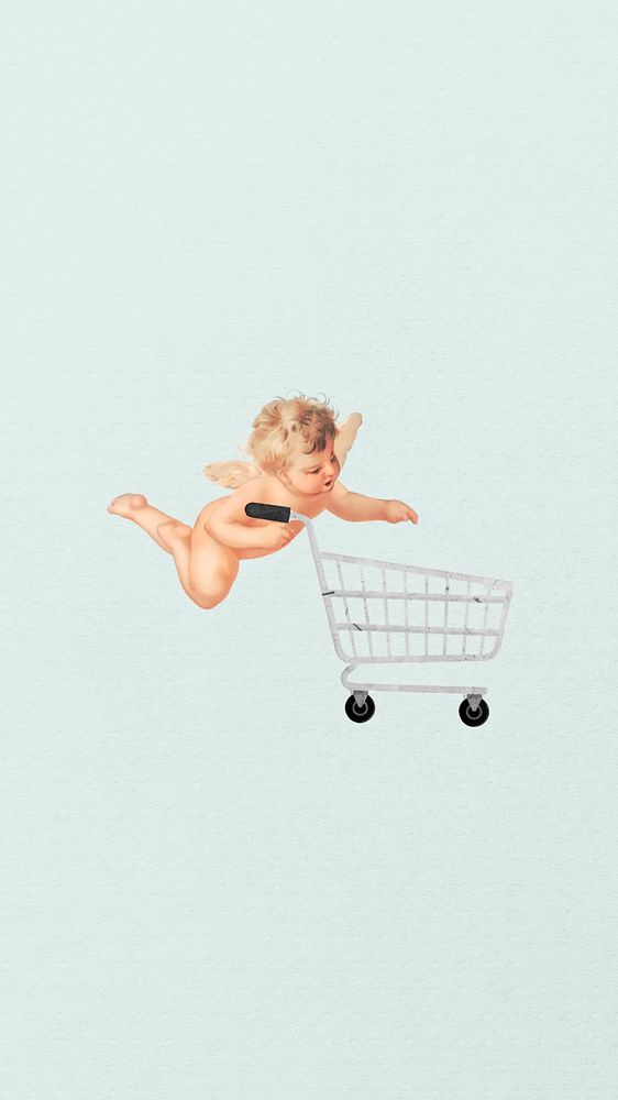 Cupid shopping cart phone wallpaper collage. Remixed by rawpixel.