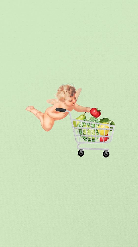 Healthy diet phone wallpaper, cupid collage. Remixed by rawpixel.