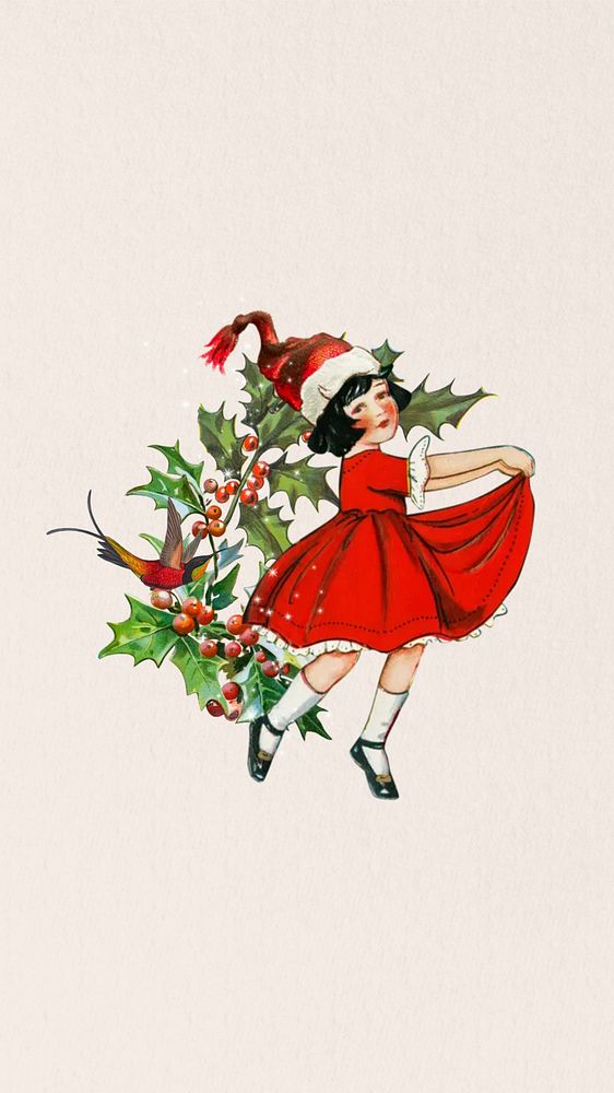 Dancing Christmas girl phone wallpaper, vintage festive background. Remixed by rawpixel.