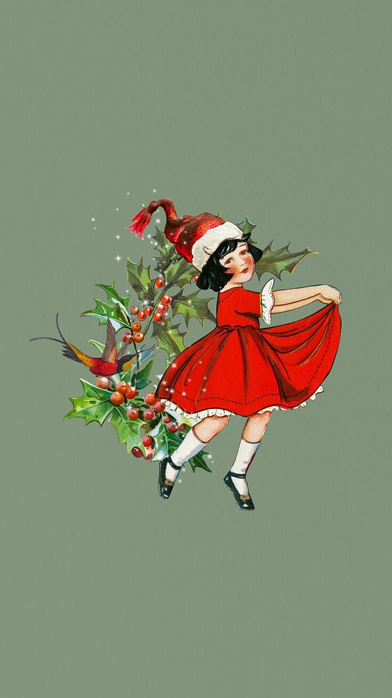 Dancing Christmas girl phone wallpaper, vintage festive background. Remixed by rawpixel.