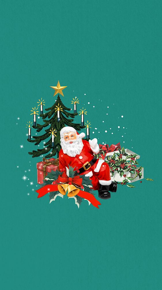 Vintage Santa Claus mobile wallpaper, Christmas collage background. Remixed by rawpixel.