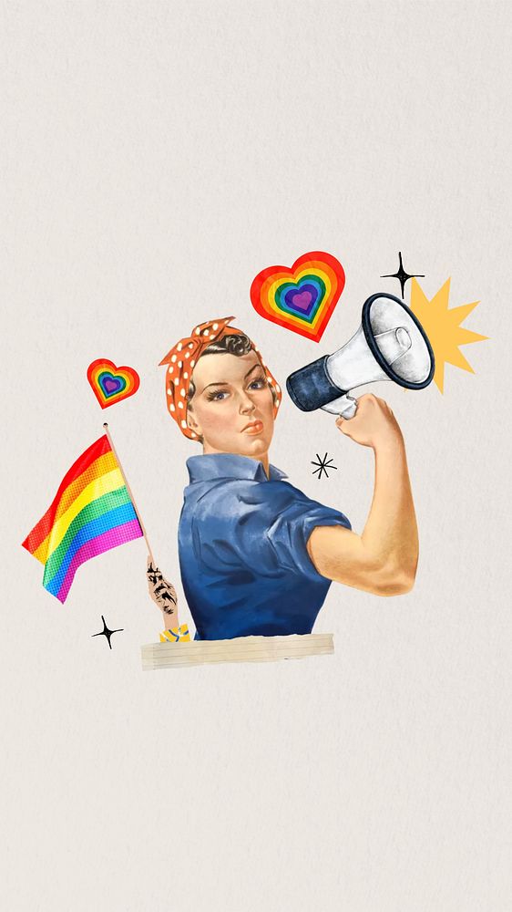 LGBTQ pride flag phone wallpaper, vintage woman illustration. Remixed by rawpixel.