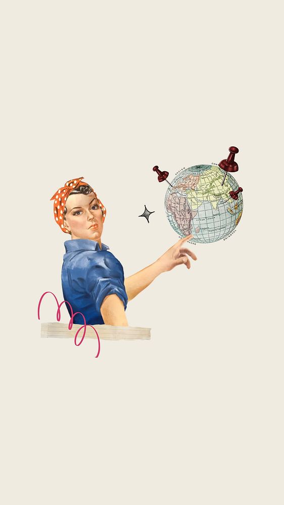 Pinned globe travel phone wallpaper, vintage woman illustration. Remixed by rawpixel.