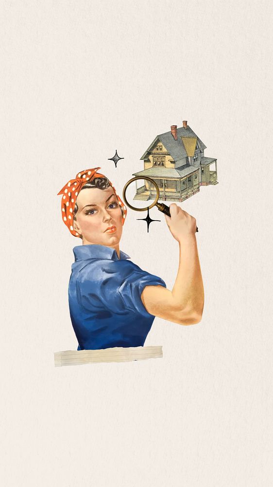 Real estate seeking  phone wallpaper, vintage woman illustration. Remixed by rawpixel.