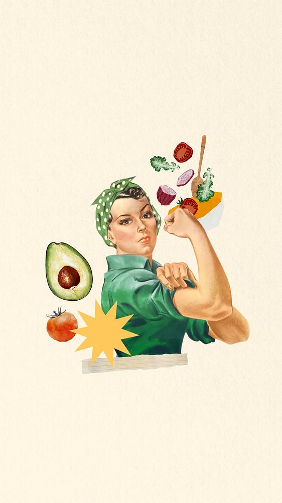 Healthy diet lifestyle phone wallpaper, flexing woman illustration. Remixed by rawpixel.