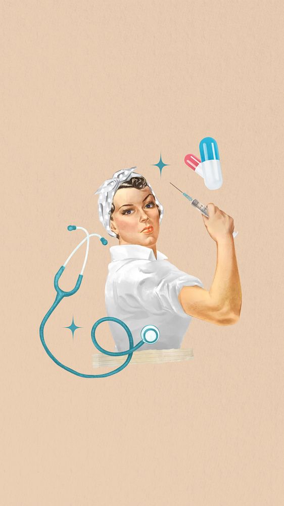 Vintage nursing medicine phone wallpaper, woman illustration. Remixed by rawpixel.
