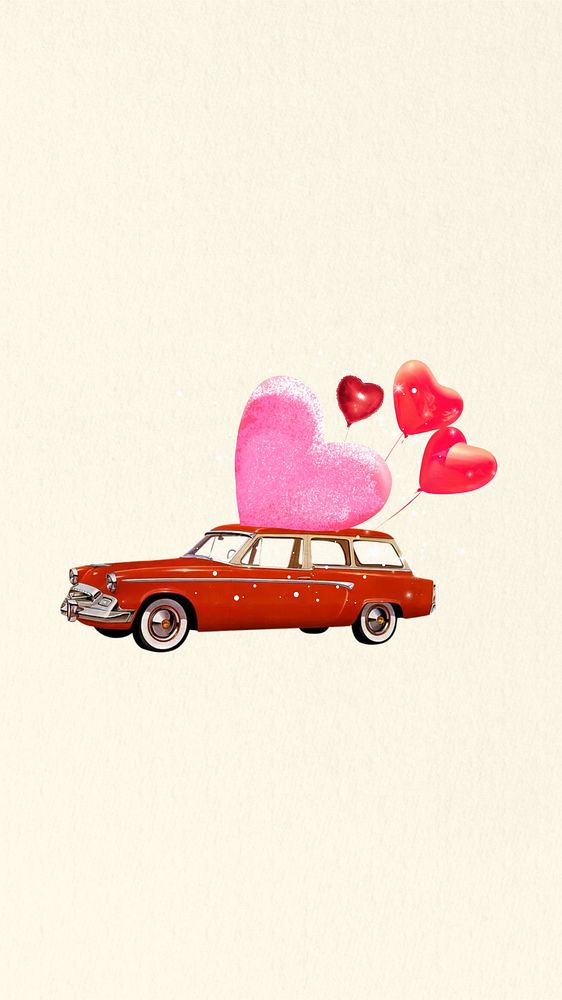 Valentine's balloon car mobile wallpaper, aesthetic collage