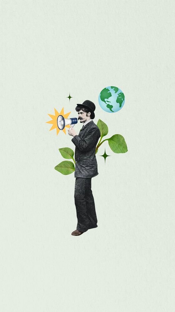 Environmentalist man  iPhone wallpaper, vintage collage. Remixed by rawpixel.