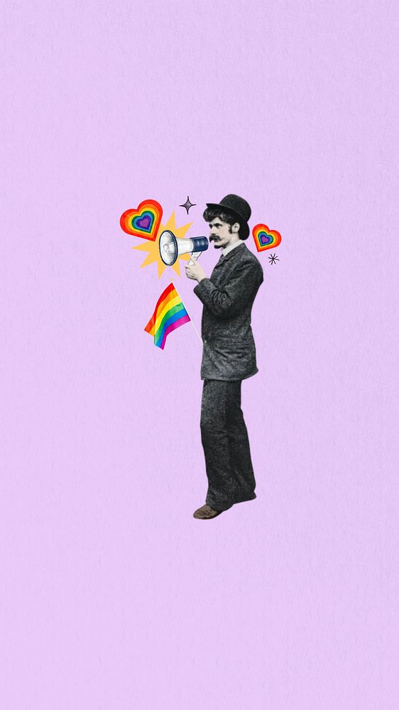 LGBTQ pride flag iPhone wallpaper, man holding megaphone collage. Remixed by rawpixel.