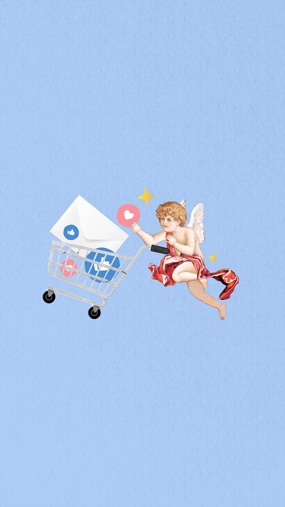 Social media marketing phone wallpaper, cupid collage. Remixed by rawpixel.