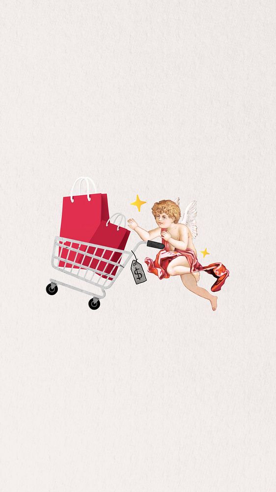 Shopping bag  phone wallpaper, cupid collage. Remixed by rawpixel.