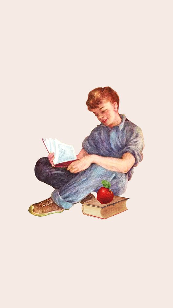 Boy reading book mobile wallpaper collage. Remixed by rawpixel.