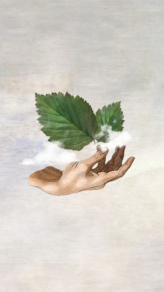 Hand presenting leaf  mobile wallpaper collage. Remixed by rawpixel.