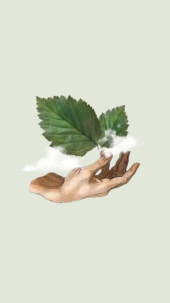 Hand presenting leaf  mobile wallpaper collage. Remixed by rawpixel.