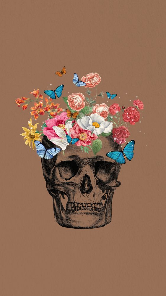 Floral skull aesthetic  phone wallpaper, mental health collage. Remixed by rawpixel.