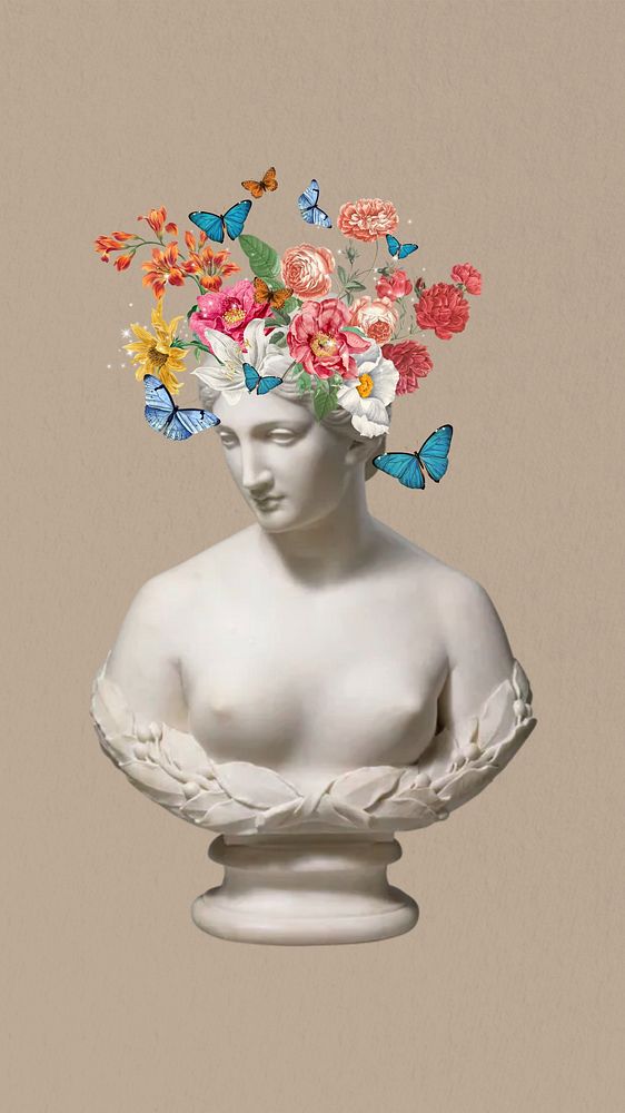 Flower head statue aesthetic  phone wallpaper, mental health collage. Remixed by rawpixel.