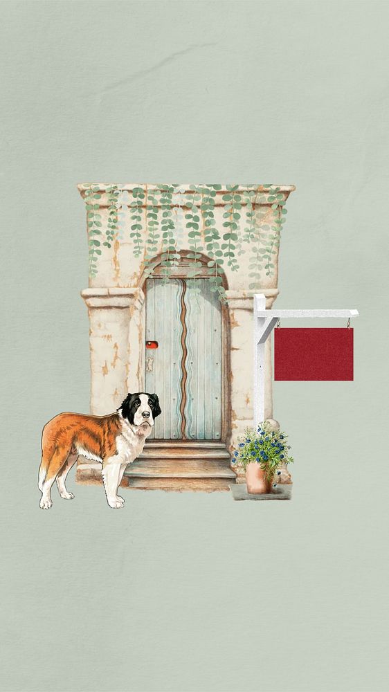 Vintage door iPhone wallpaper, dog collage. Remixed by rawpixel.