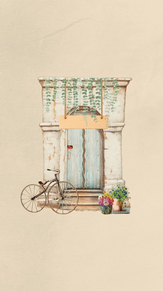 Vintage door iPhone wallpaper, bicycle collage. Remixed by rawpixel.