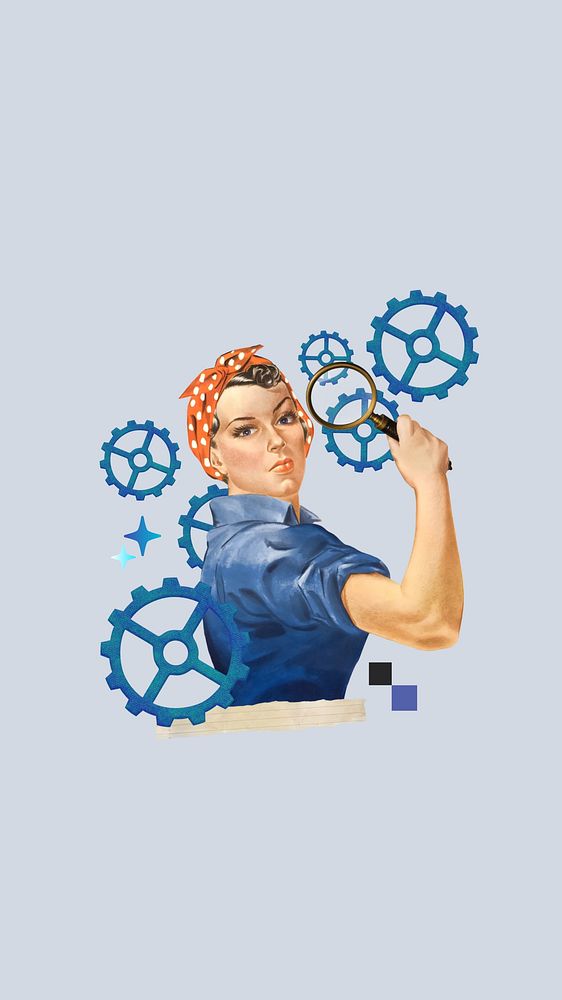 Business cogwheel woman phone wallpaper, vintage illustration. Remixed by rawpixel.