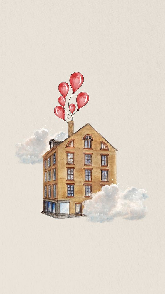 Floating building balloon  mobile wallpaper collage. Remixed by rawpixel.