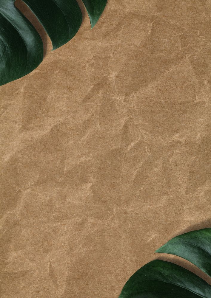 Leaf border, brown paper background, crumpled texture