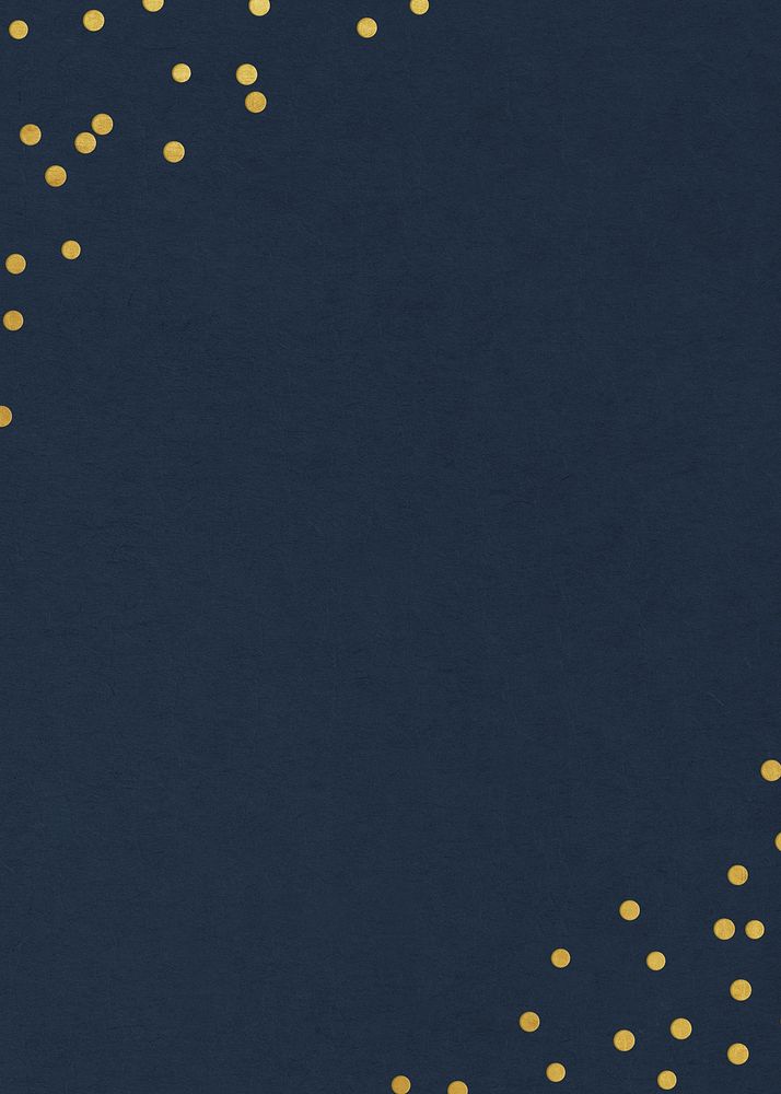 Festive navy blue background, gold confetti border