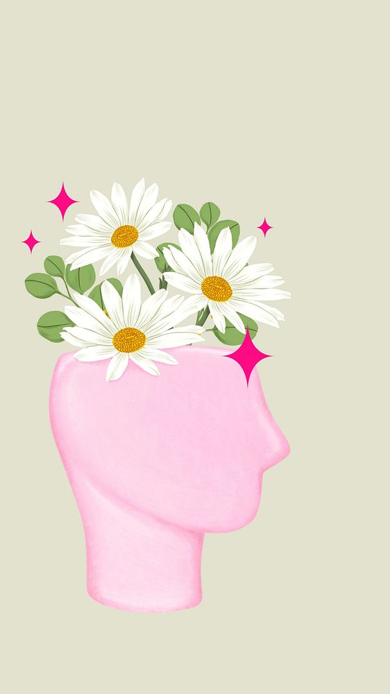 Flower brain aesthetic iPhone wallpaper, self-love & growth illustration