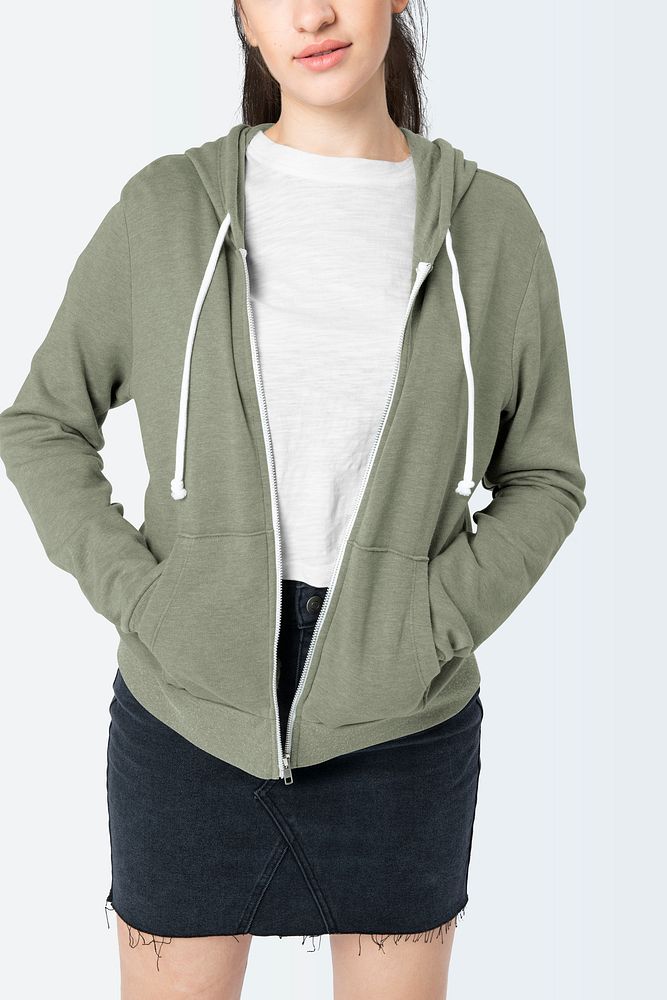 Green hoodie jacket mockup psd women&rsquo;s winter apparel shoot