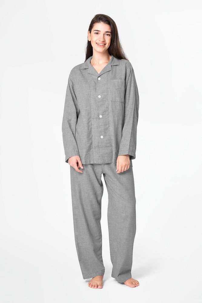 Woman mockup psd in gray pajamas comfy sleepwear apparel full body