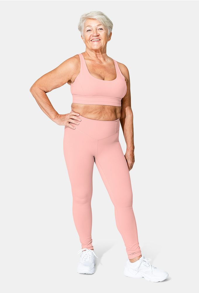 Pink women&rsquo;s sportswear mockup psd sports bra and yoga pants full body
