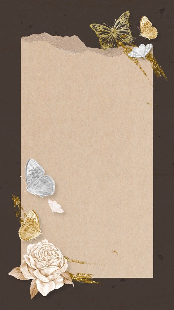 Ripped paper frame iPhone wallpaper, floral butterfly background