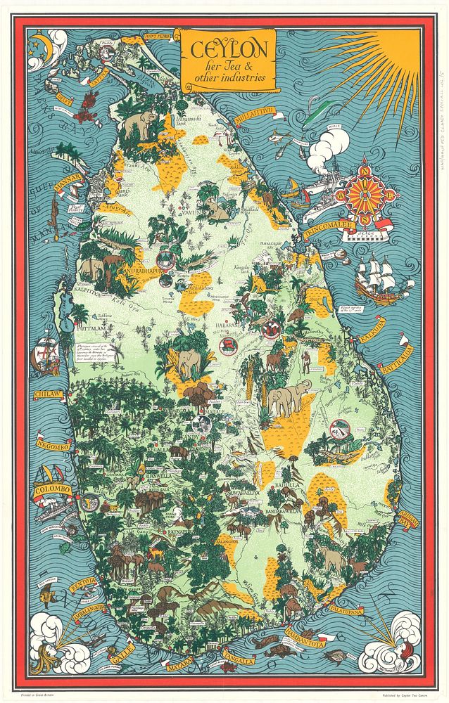 Pictorial map of Sri Lanka showing flora, fauna, and tea and other plantations (1933) by MacDonald Gill.