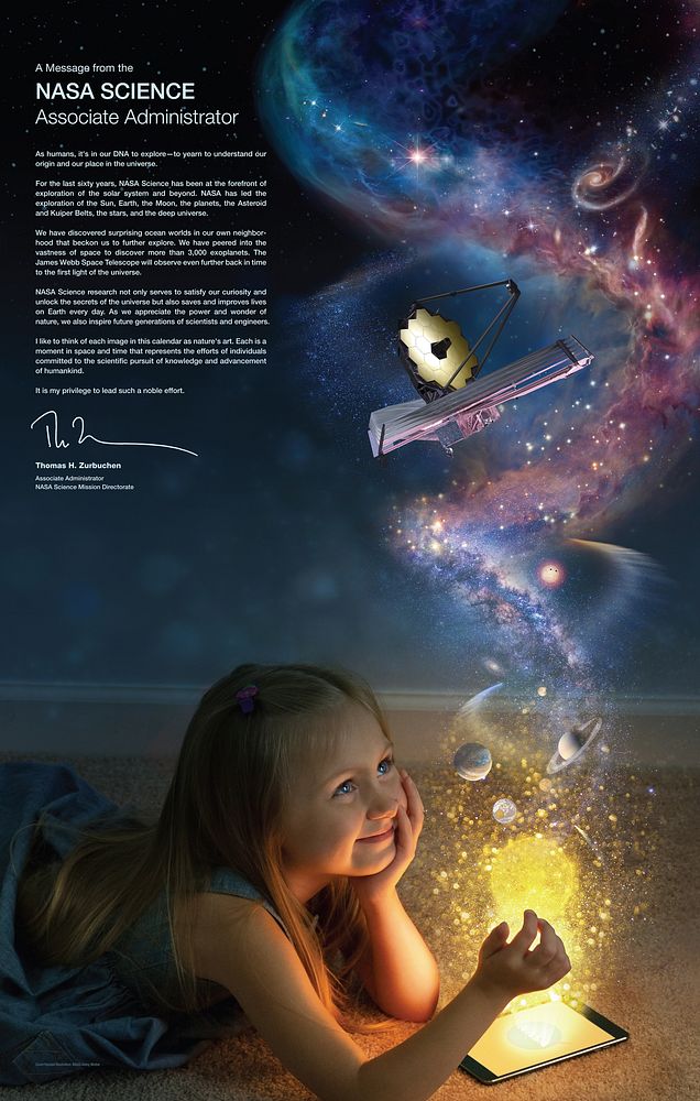 Girl with outer space imagination from NASA with a message from the NASA Science Associate Administrator Thomas H. Zurbuchen