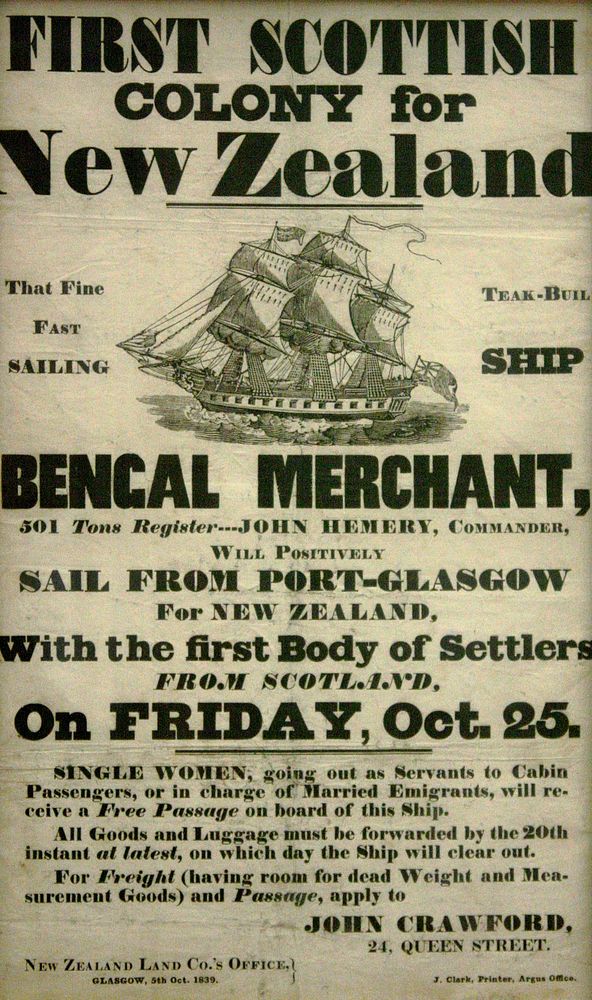 Poster advertising emigration to New Zealand. Collection of Kelvingrove Art Gallery and Museum, Glasgow, Scotland (1839).