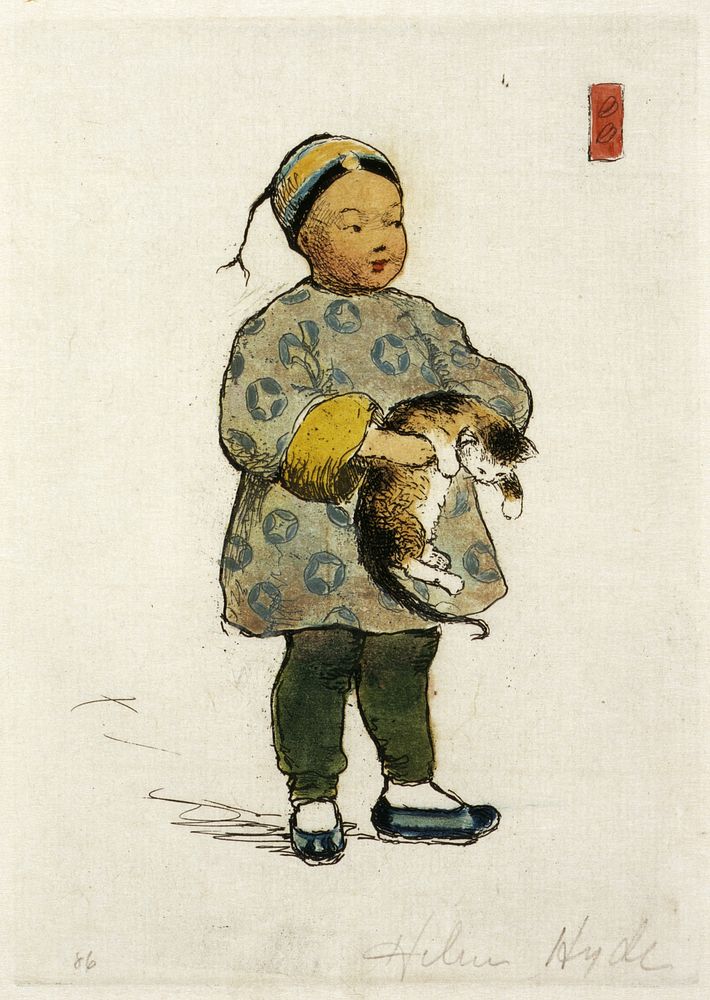 Print shows a Chinese boy holding a cat. Probably sketched in San Francisco, Chinatown (1897) by Helen Hyde.