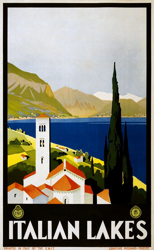 Italian Lakes. Travel poster shows unidentified lake and mountains, with the bell tower of a church in the foreground.…