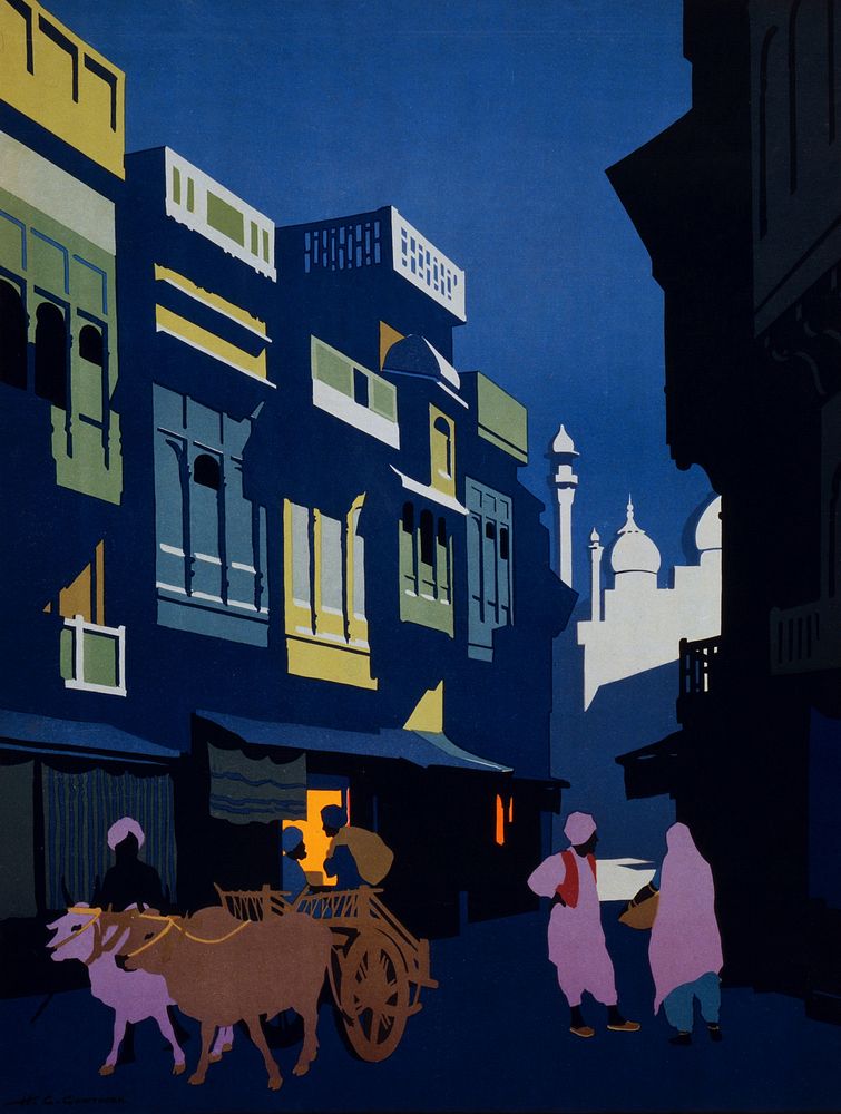 A street by moonlight. Visit India. Apply: India State Railways Bureau. 38 East 57th Street, New York. Travel Poster shows a…