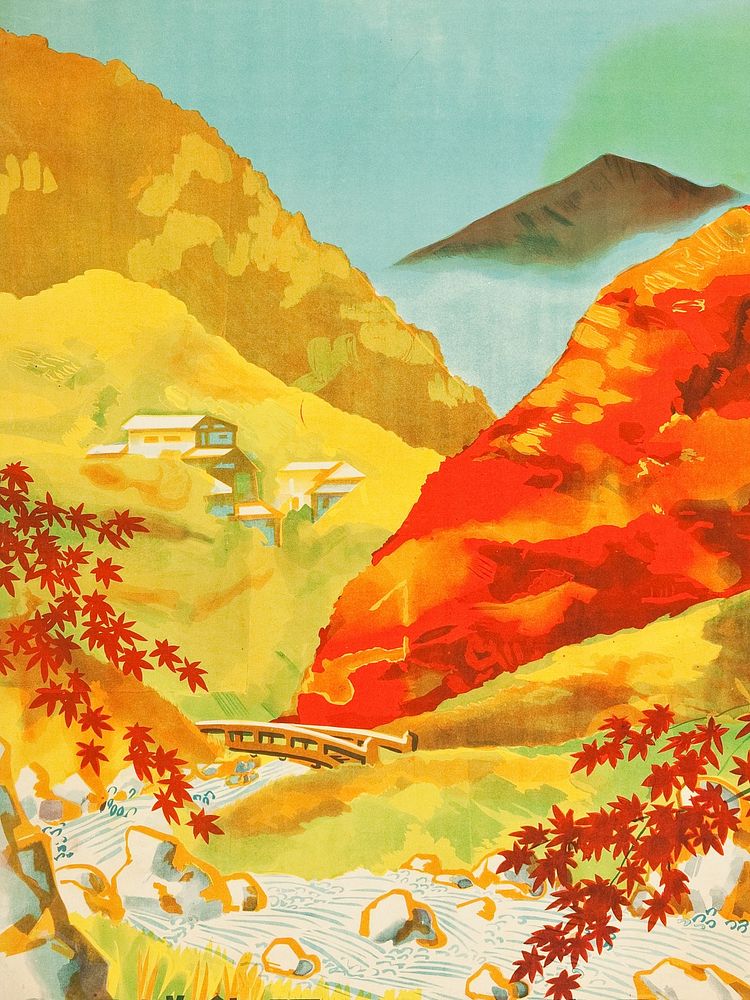 Autumn: Red Leaves at Yunoyama Onsen (Osaka and Nagoya Rail Agency, 1930s). Japanese Poster (24.5" X 36.5").