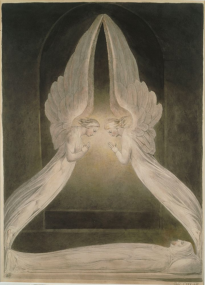 Christ in the Sepulchre, Guarded by Angels by William Blake. Original public domain image from Wikimedia Commons.