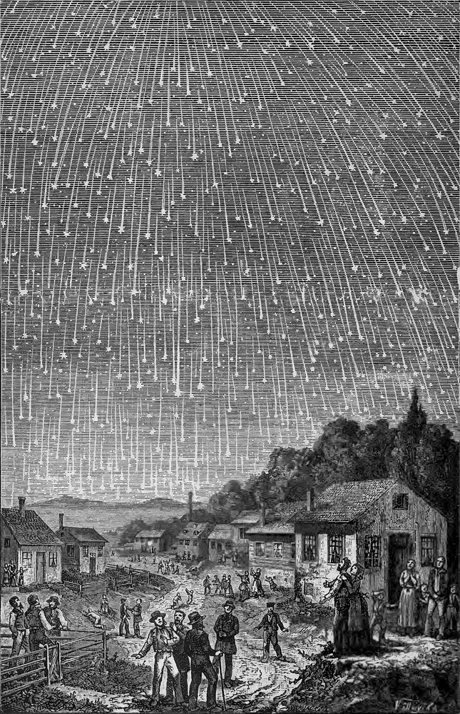 The most famous depiction of the 1833 Leonids, actually produced in 1888 for the Adventist book Bible Readings for the Home…