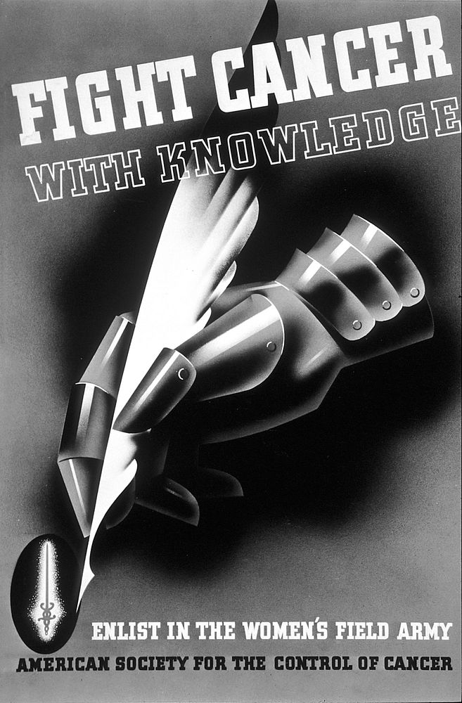 Title Fight Cancer with Knowledge PosterDescription Poster with artistically rendered profile of armored hand holding a…