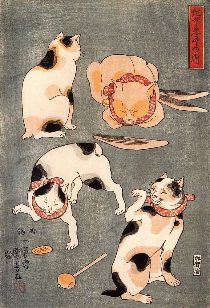 Right sheet of a triptych: Four Cats in Different Poses Illustrating Japanese Proverbs by Utagawa Kuniyoshi.