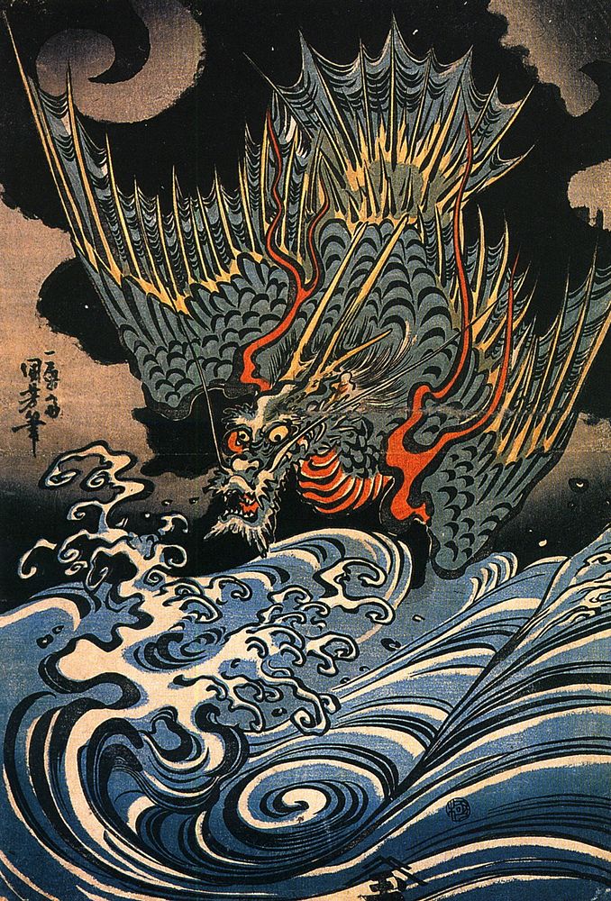 Dragon flying above turbulent waves by Utagawa Kuniyoshi.