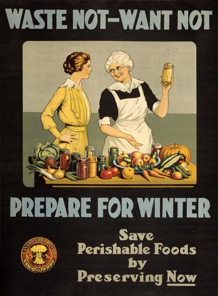 World War I poster. "Waste not, want not. Prepare for winter. Save perishable foods by preserving now."